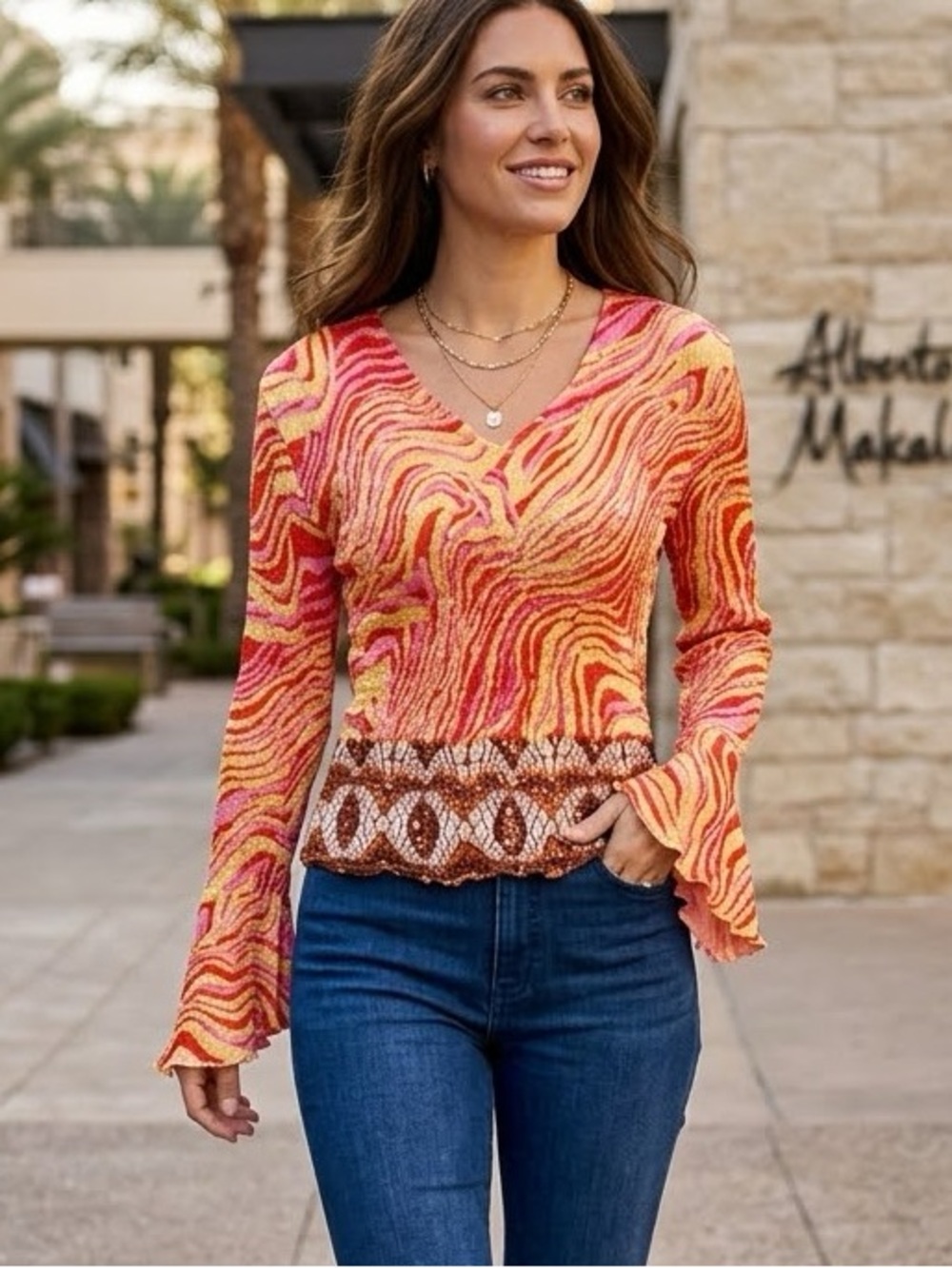 Alberto Makali | Vintage Y2K Sequined Crinkle Flare Sleeve Top - Retro Boho Chic
